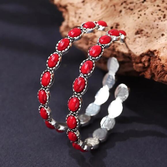 Western pierced 2" silver and red stone hoop earrings - Picture 1 of 4